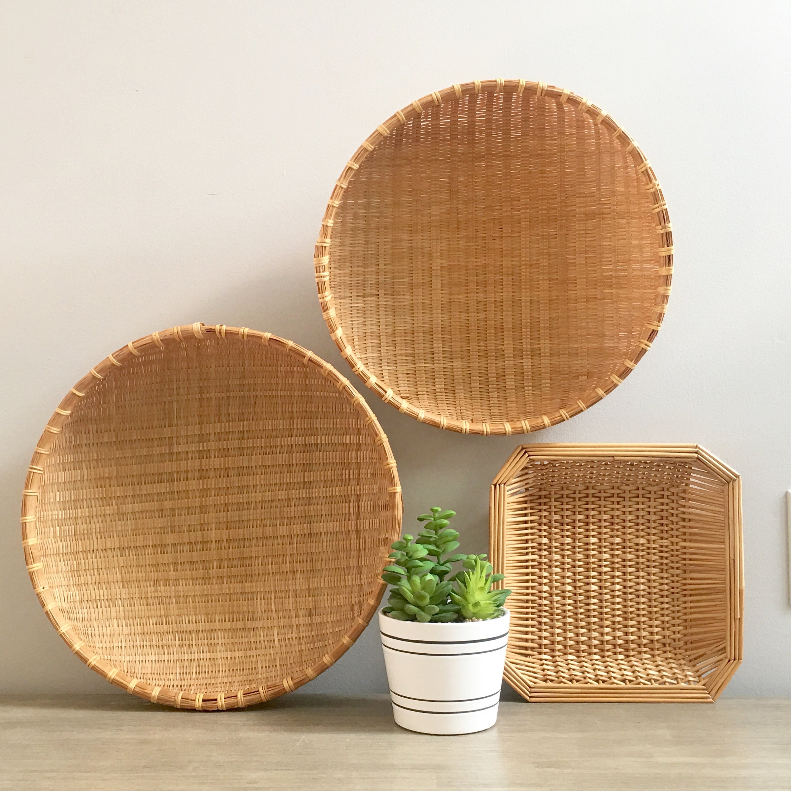 RESERVED Pair Large Round Woven Wall Baskets Bamboo Wicker Winnowing Shallow Rattan Bowls