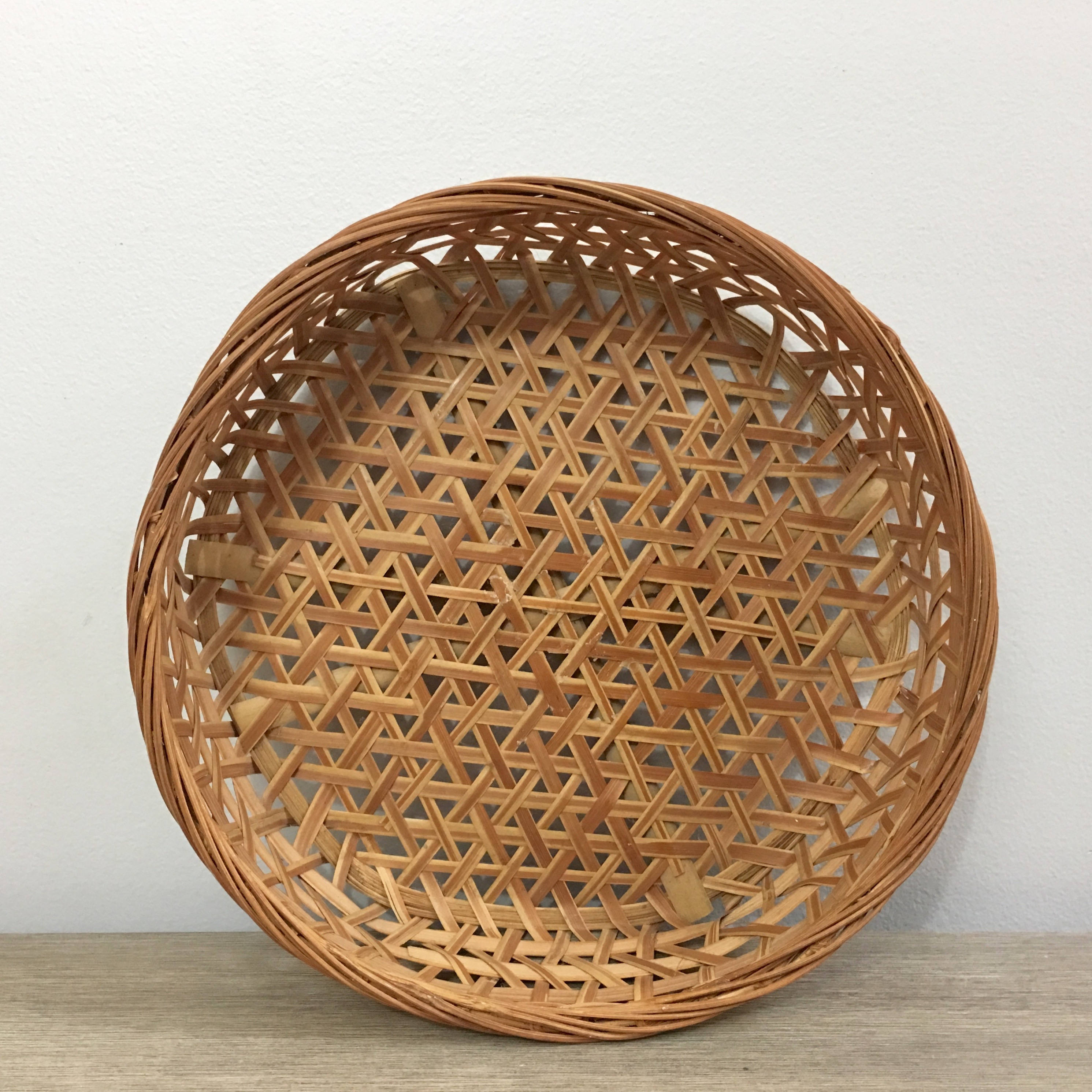 Vintage Woven Basket Set of 3 Textured Round Wall Baskets Boho Decor