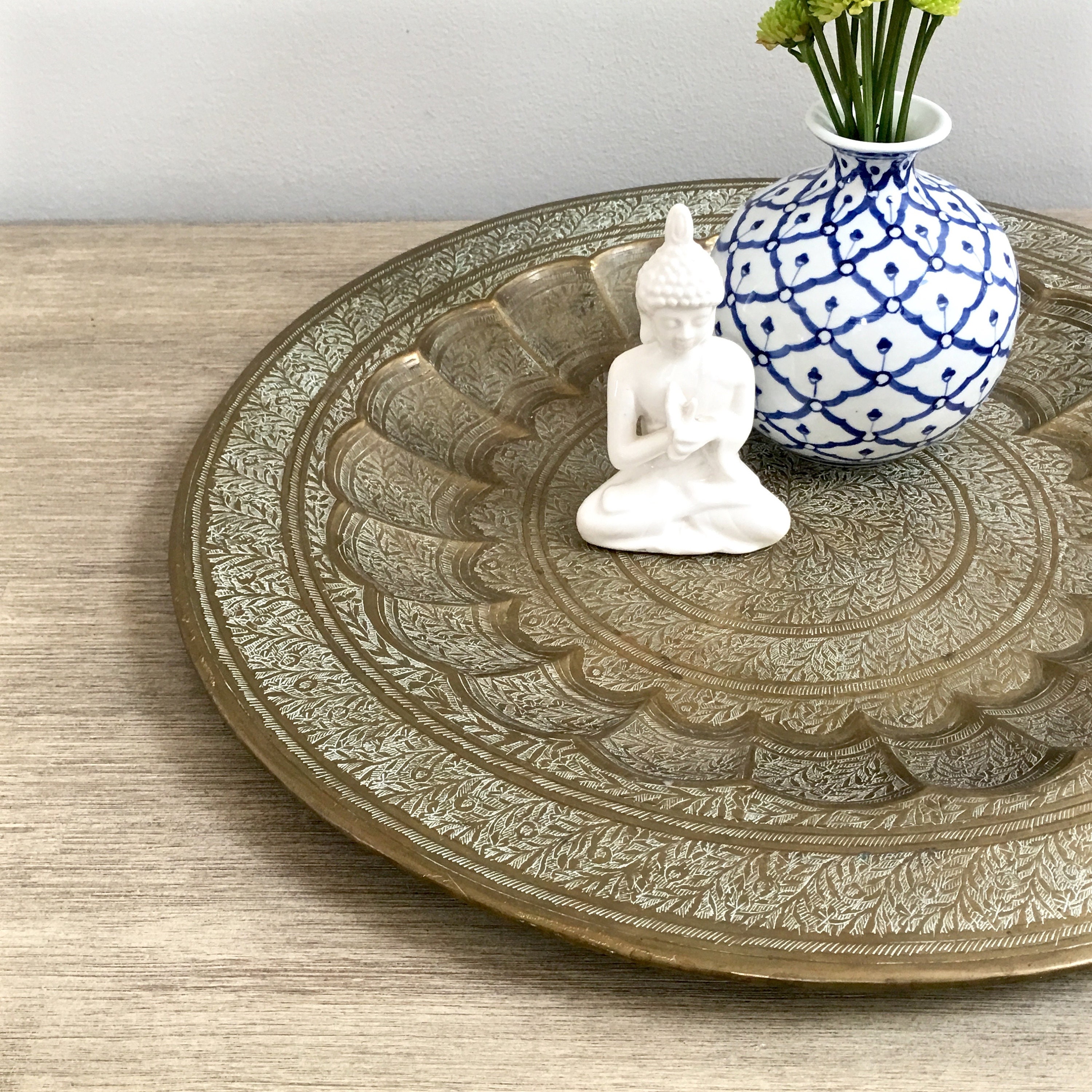 Round Etched Brass Decorative Tray Global Indian Moroccan Decor