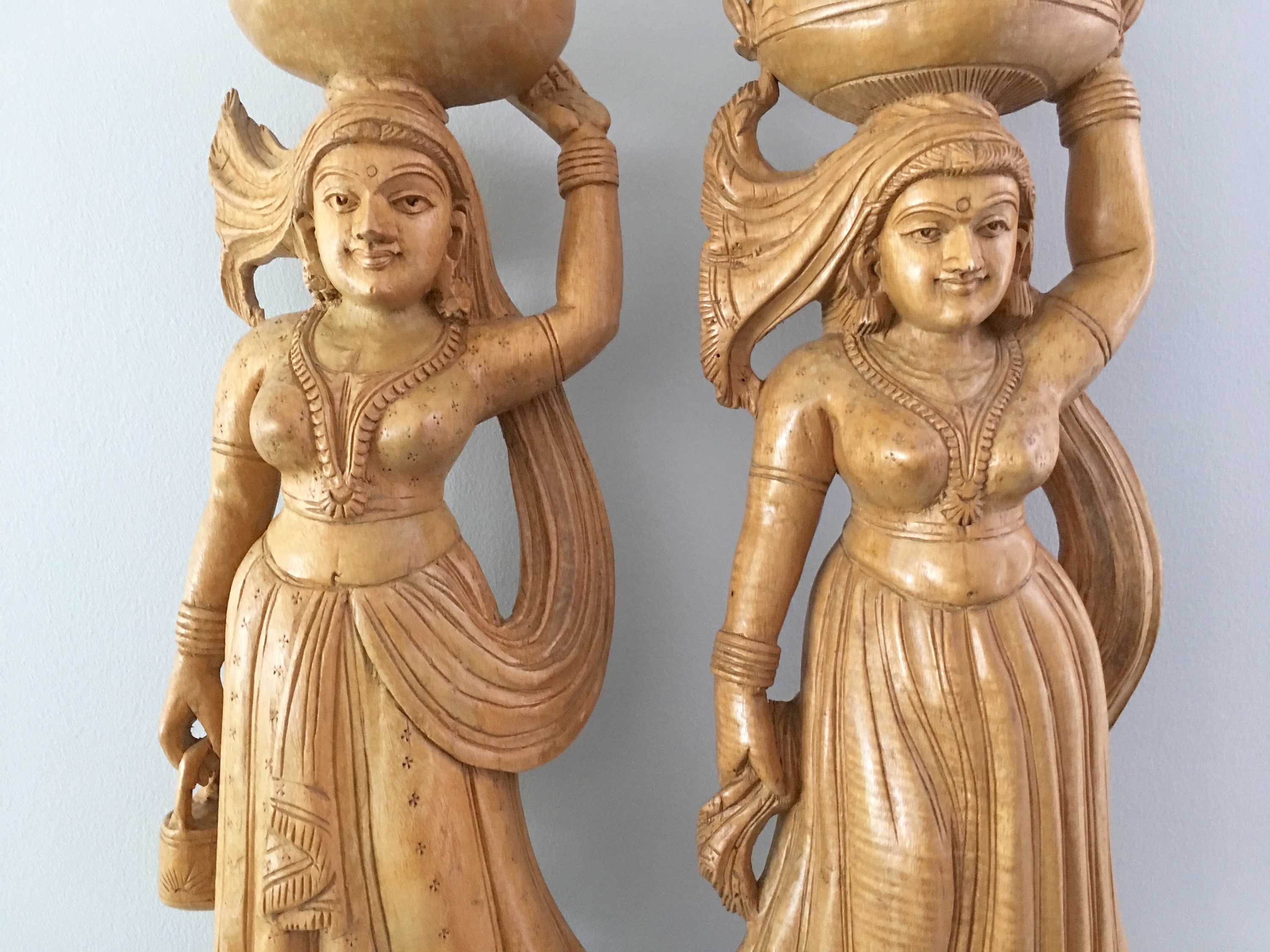 Large Carved Wooden Female Statues Pair Indian Woman