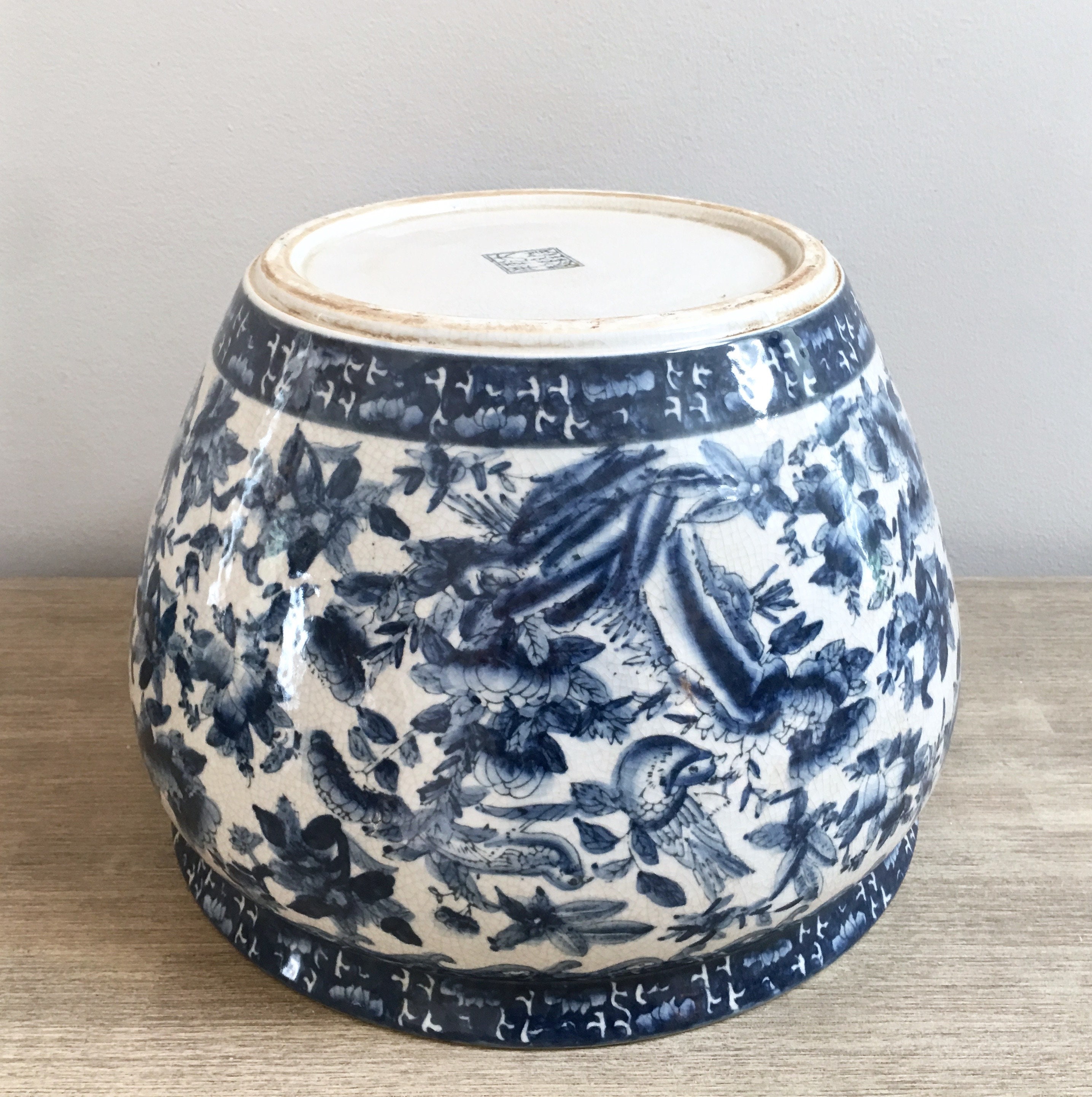 Large Asian Fishbowl Planter Navy Blue Porcelain Large