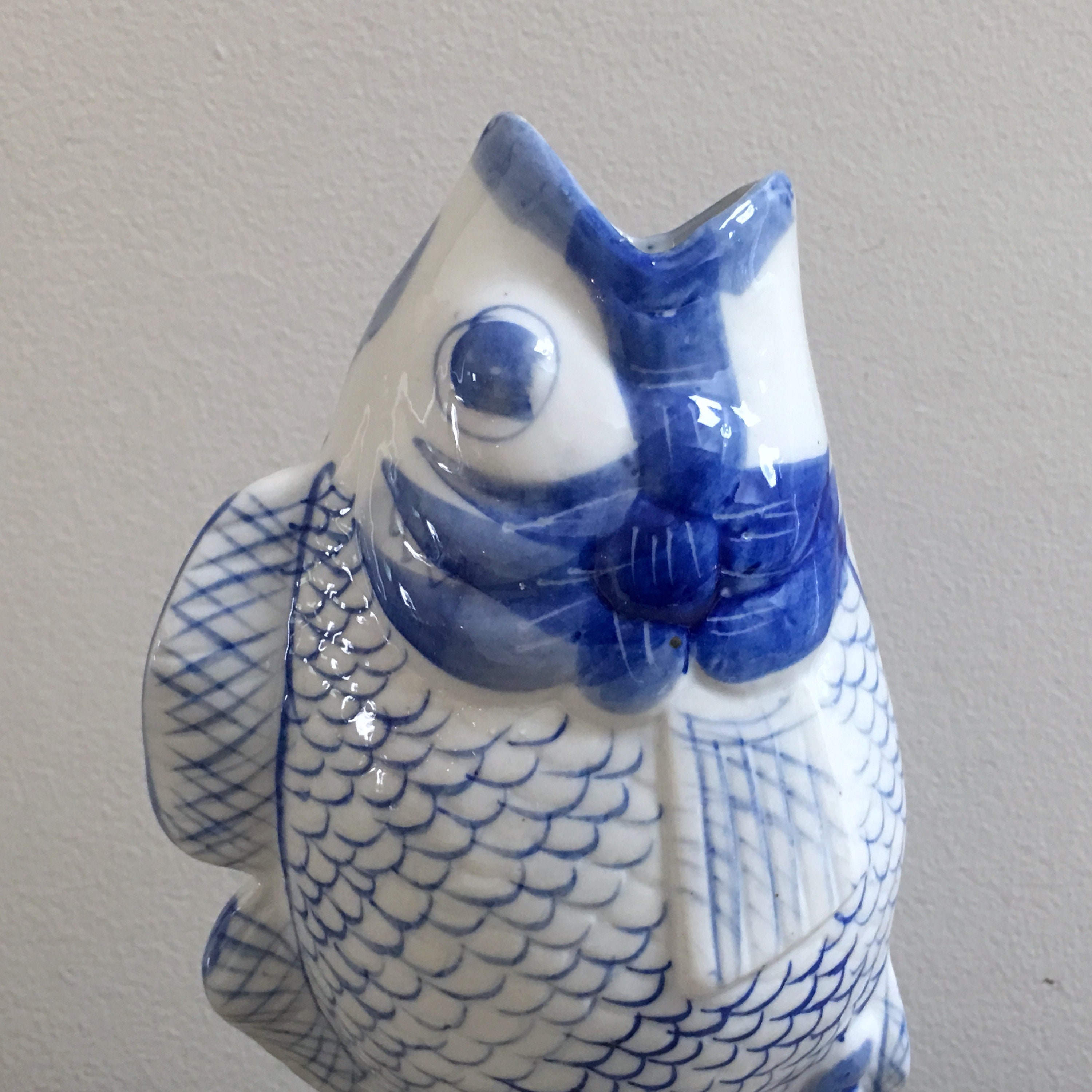 Blue White Ceramic Fish Vase Chinoiserie Coastal Asian Decor