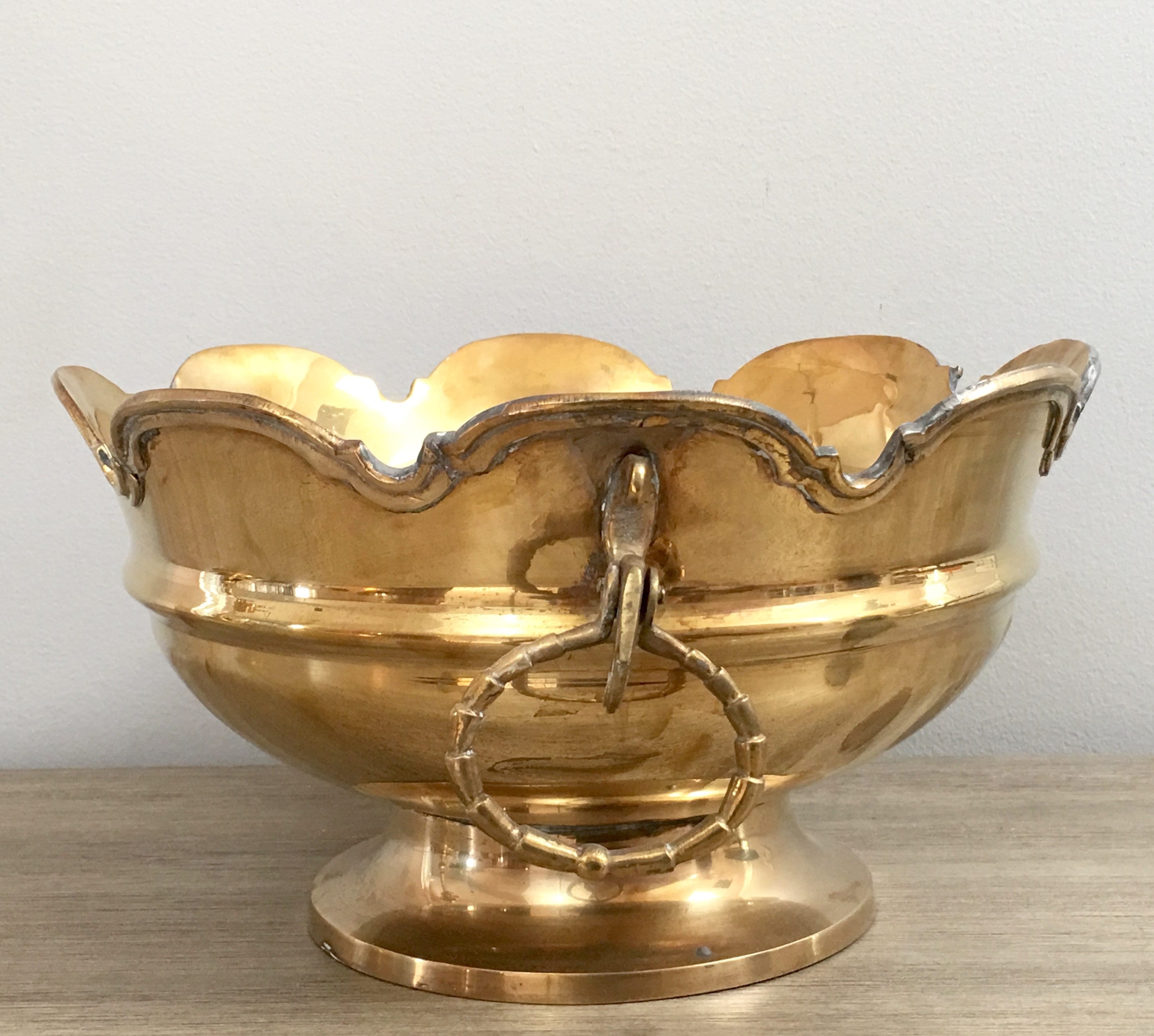 Large Mottahedeh Brass Bowl Centerpiece Ring Handles