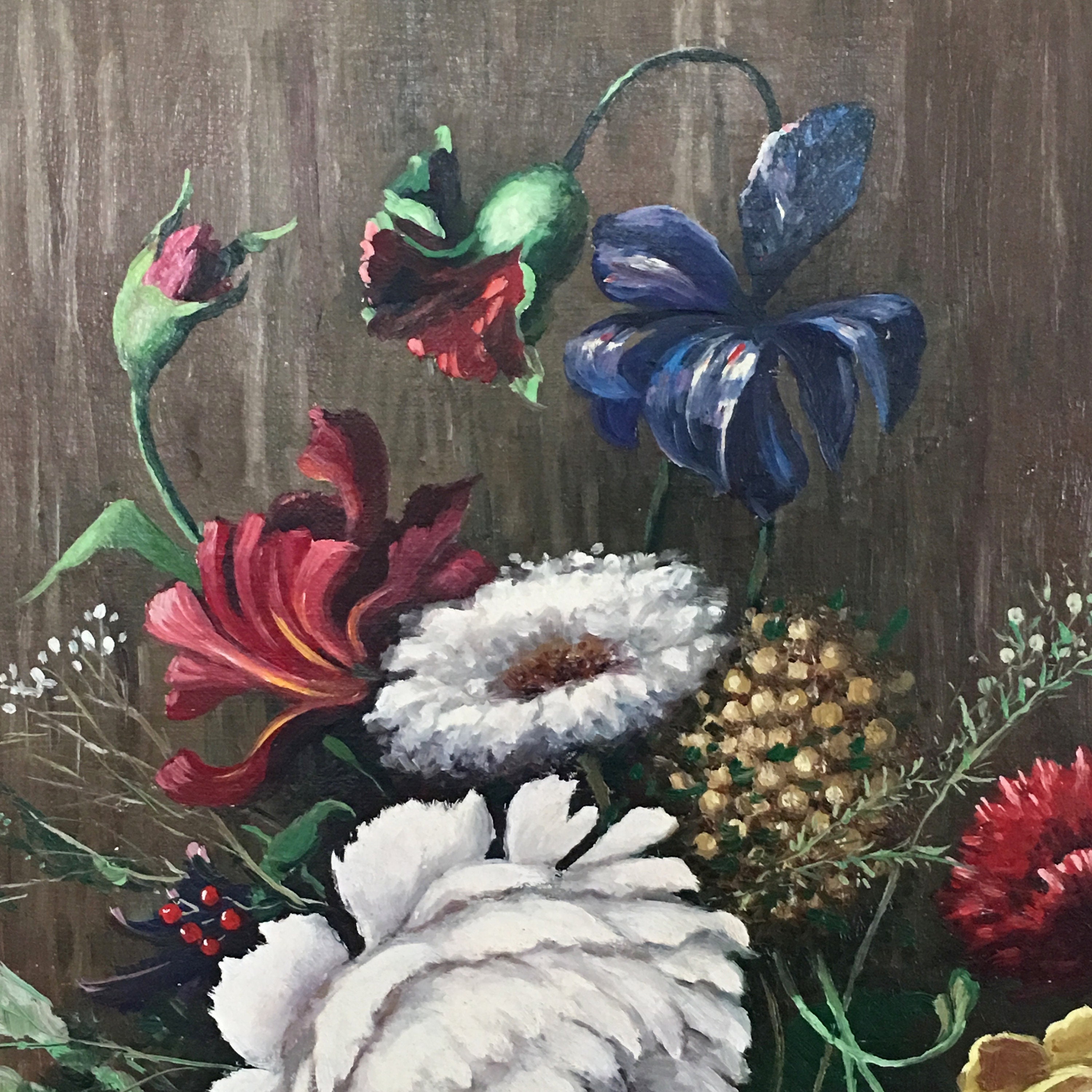 Still Life Floral Oil Painting Large Original Signed Dark Dramatic Oil