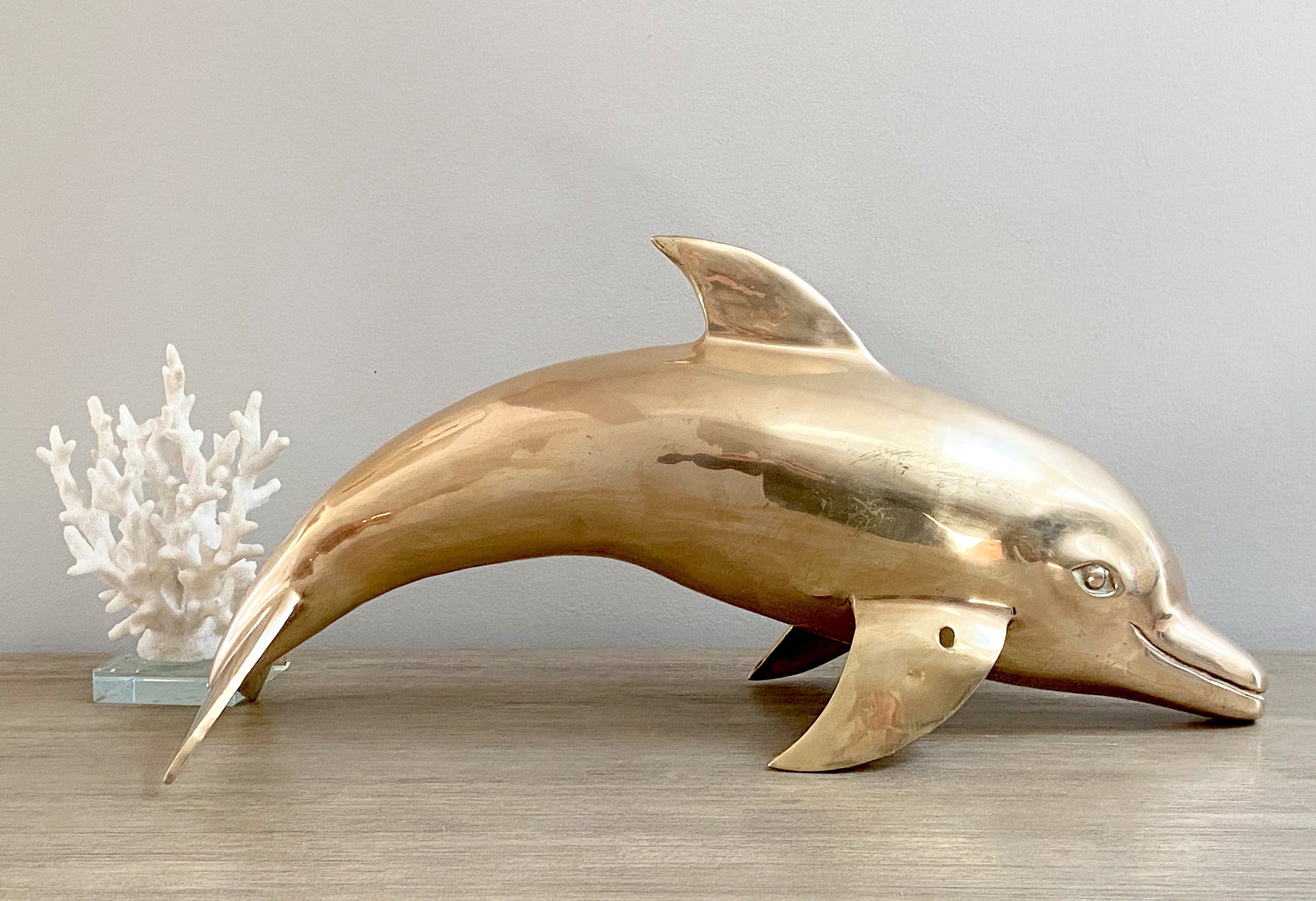 Large Brass Dolphin 20 1/2 Statue Ocean Casual Coastal Nautical Beach Decor