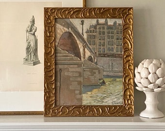 Vintage French Oil Painting 1940s Paris Original Signed River Landscape