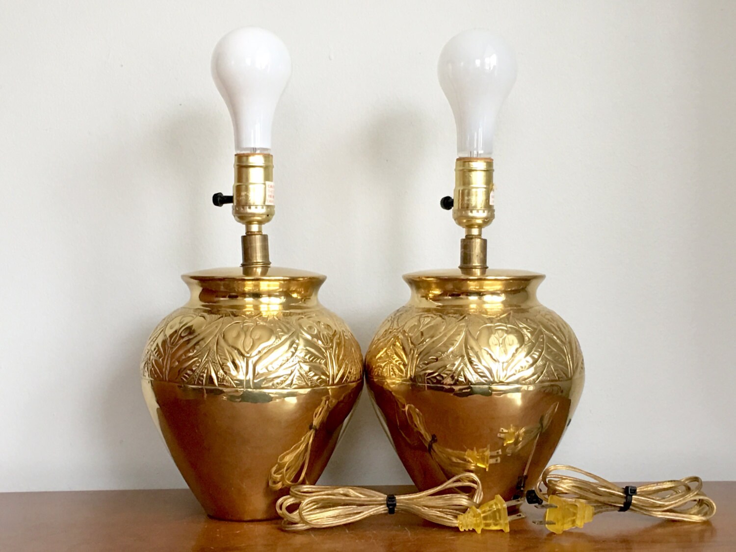 Pair Brass Table Lamps Arts and Crafts Style Vintage Gold Metal Lamps