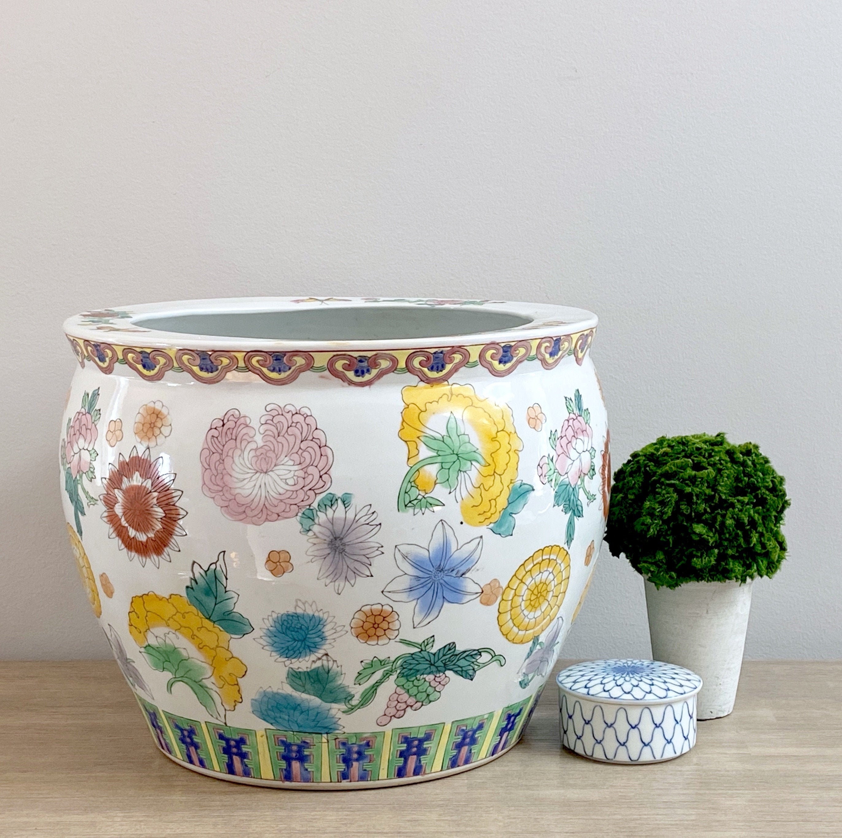 Chinese Fishbowl Planter Colorful Floral Indoor Heavy