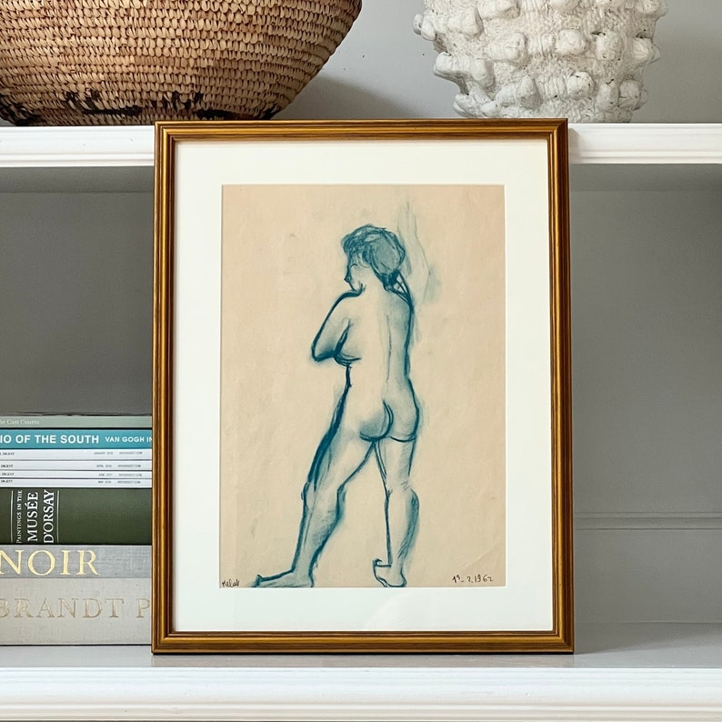 Vintage Portrait Standing Nude 1960s Blue Charcoal Drawing Custom Framed image 1