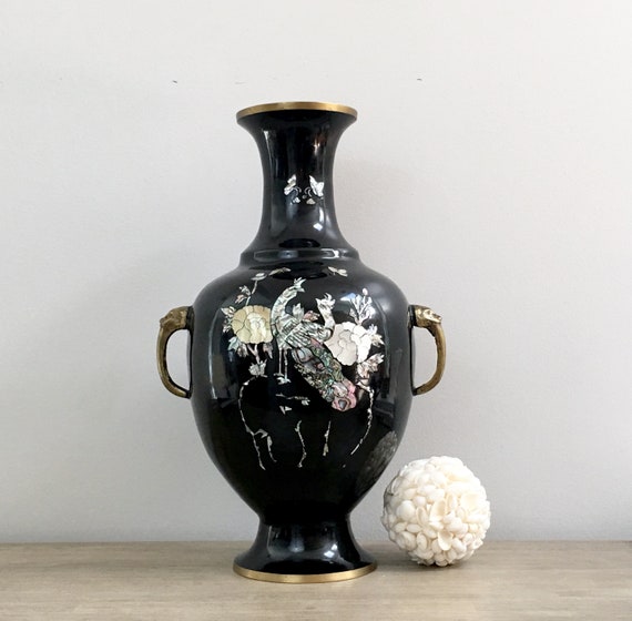 Brass Black Enamel 18 Tall Vase Inlaid Mother of Pearl Etsy