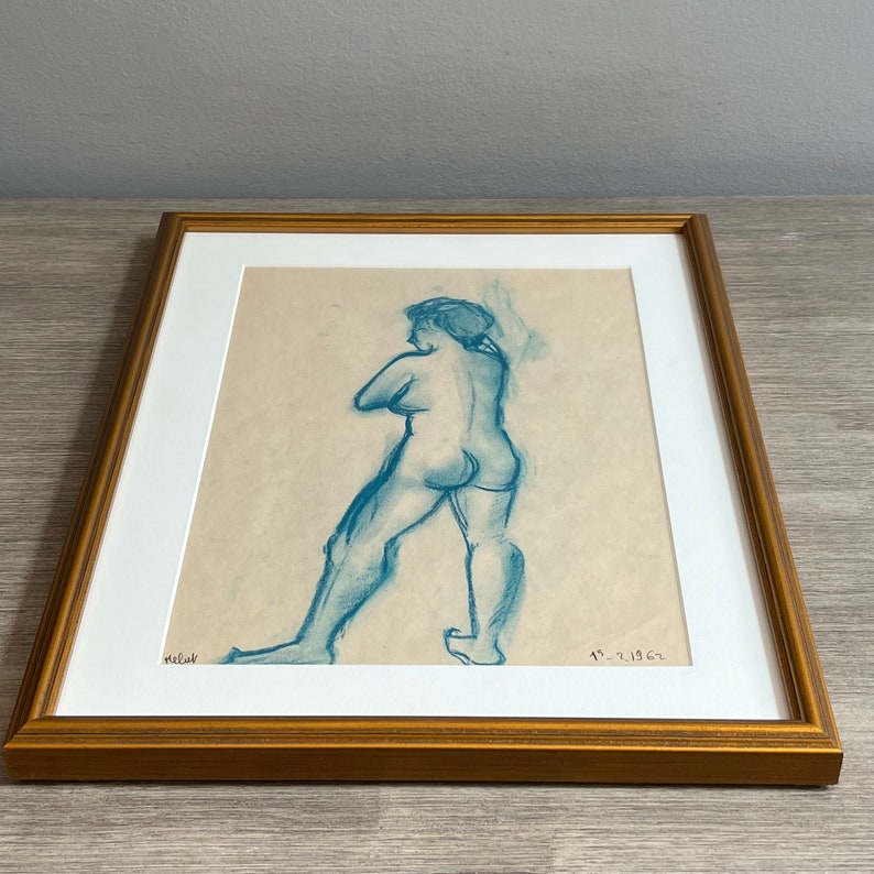 Vintage Portrait Standing Nude 1960s Blue Charcoal Drawing Custom Framed image 4