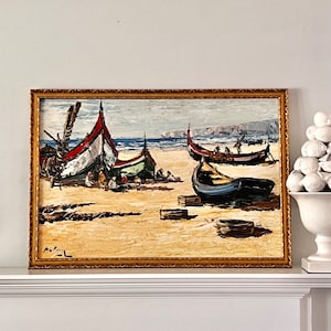 Large Vintage Oil Painting Fishing Boats Impressionist Seascape image 1