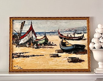 Large Vintage Oil Painting Fishing Boats Impressionist Seascape