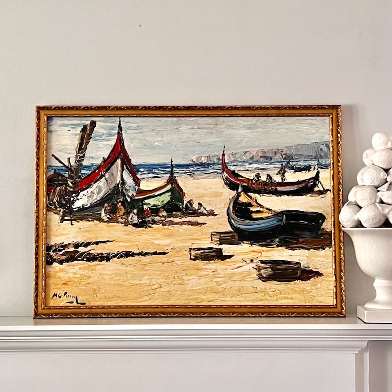 Large Vintage Oil Painting Fishing Boats Impressionist Seascape image 1