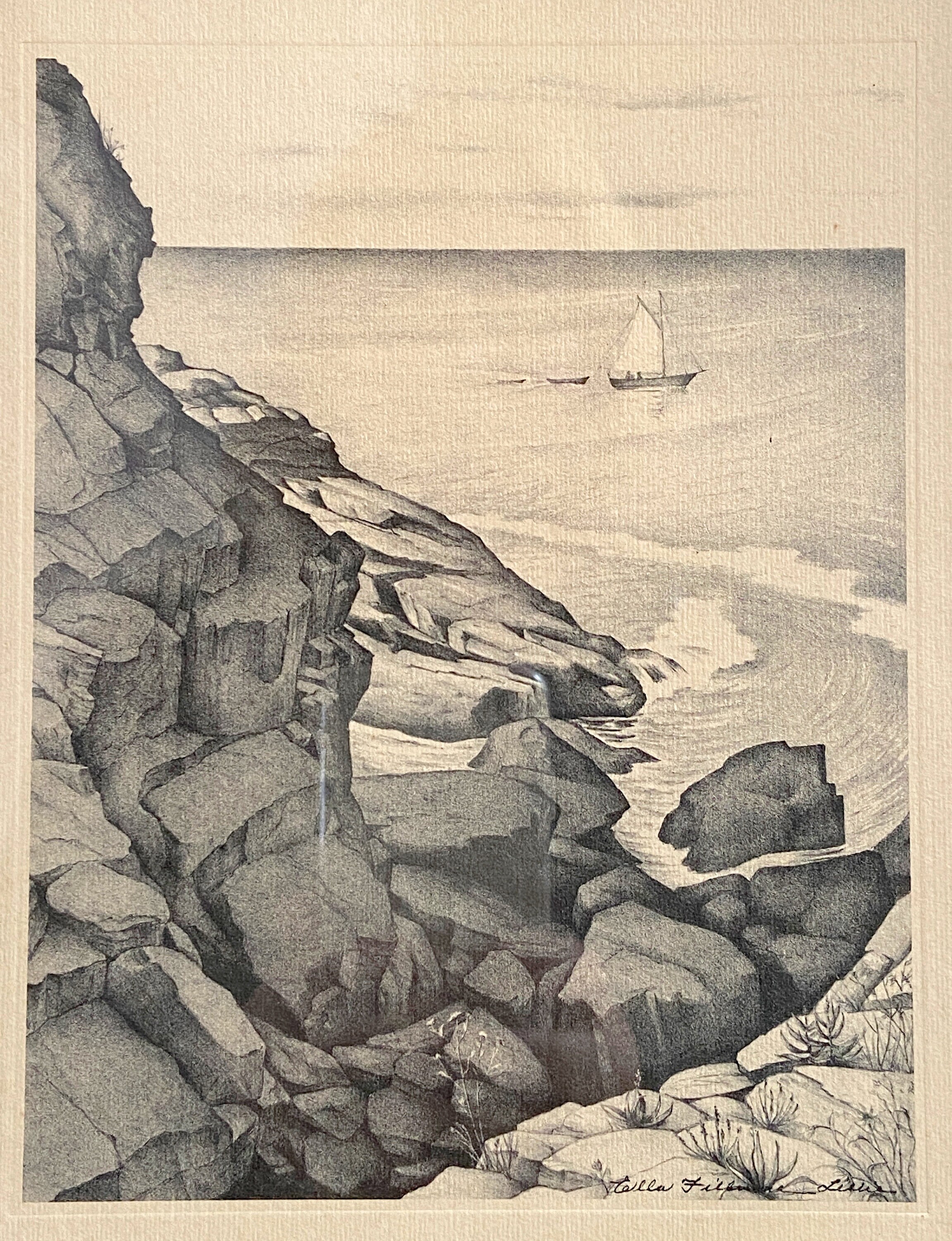 Small Seascape Print Vintage Coastal Drawing Signed Gallery Wall Art