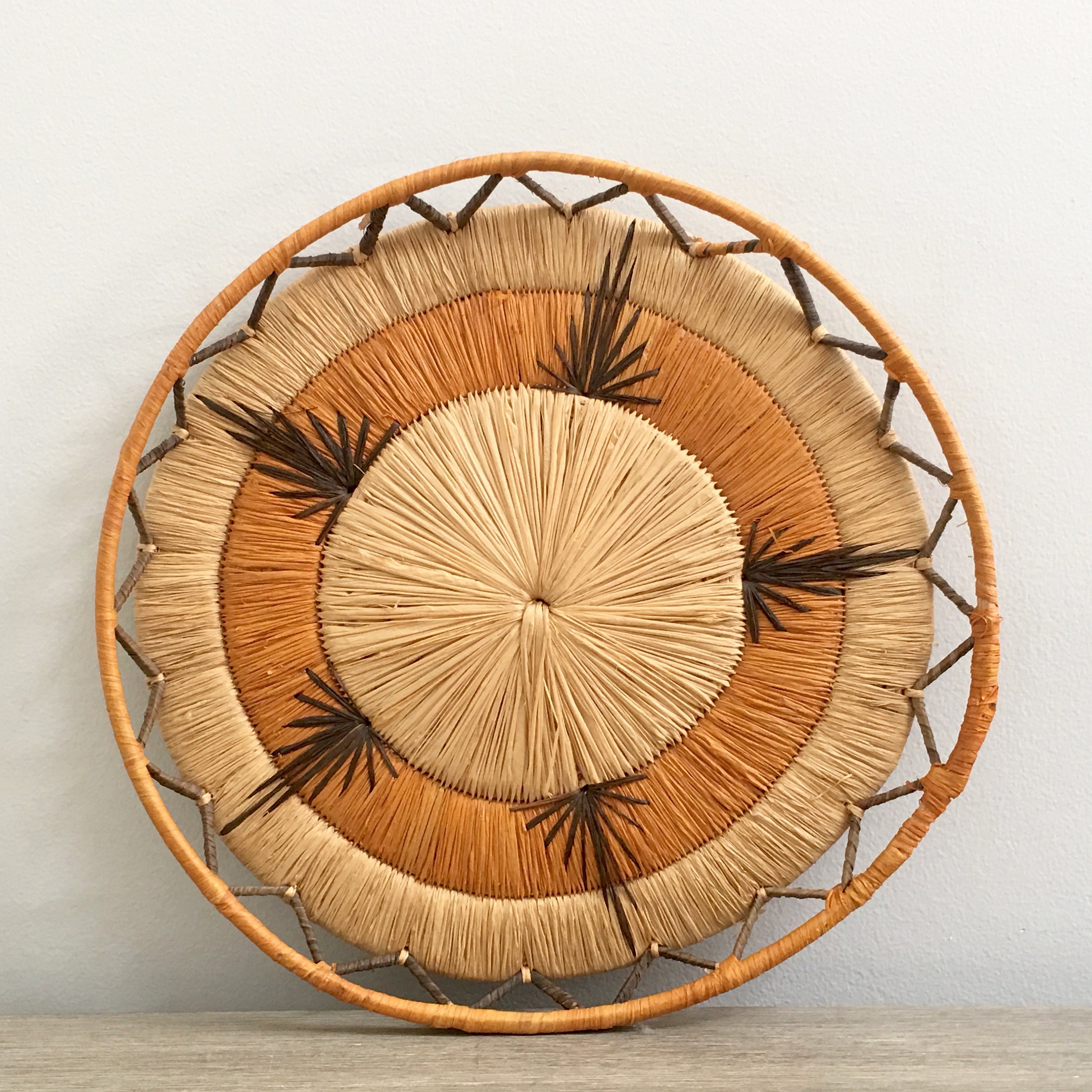 Hand Woven Wall Basket Delicate Raffia Straw Round Multi