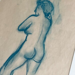 Vintage Portrait Standing Nude 1960s Blue Charcoal Drawing Custom Framed image 8