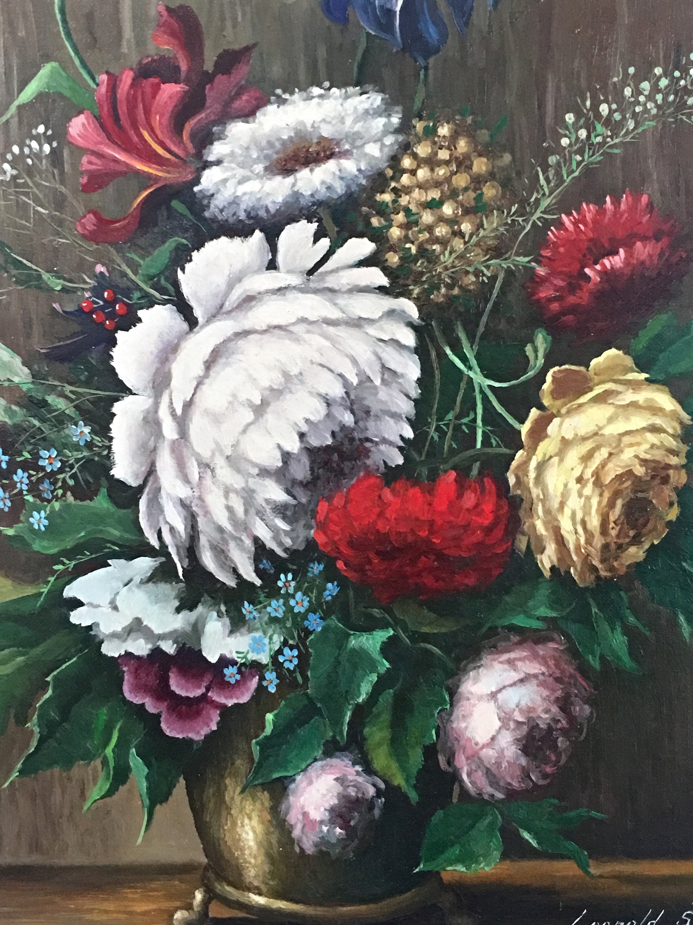 Still Life Floral Oil Painting Large Original Signed Dark Dramatic Oil