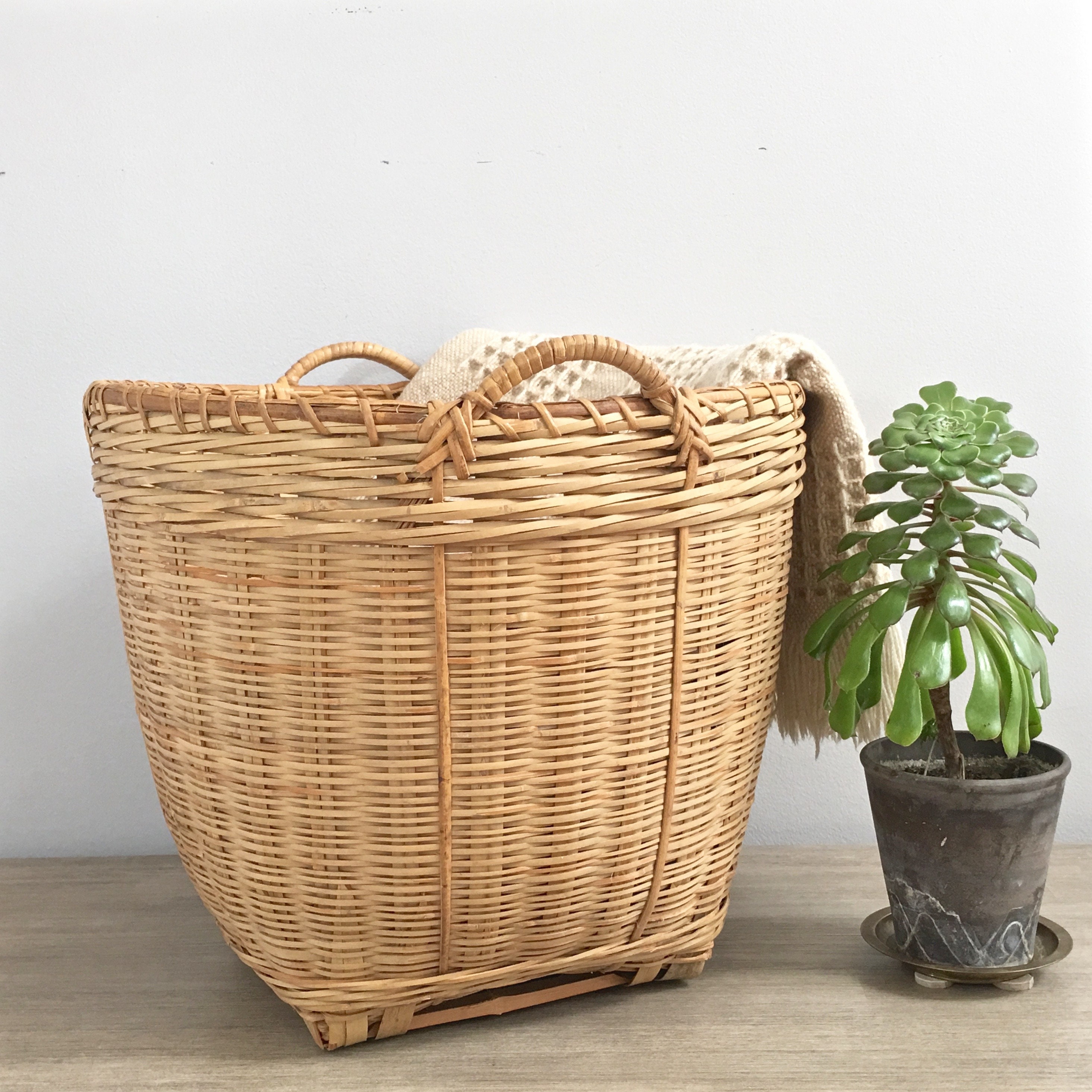 Large Vintage Wicker Rattan Storage Basket Indoor Planter