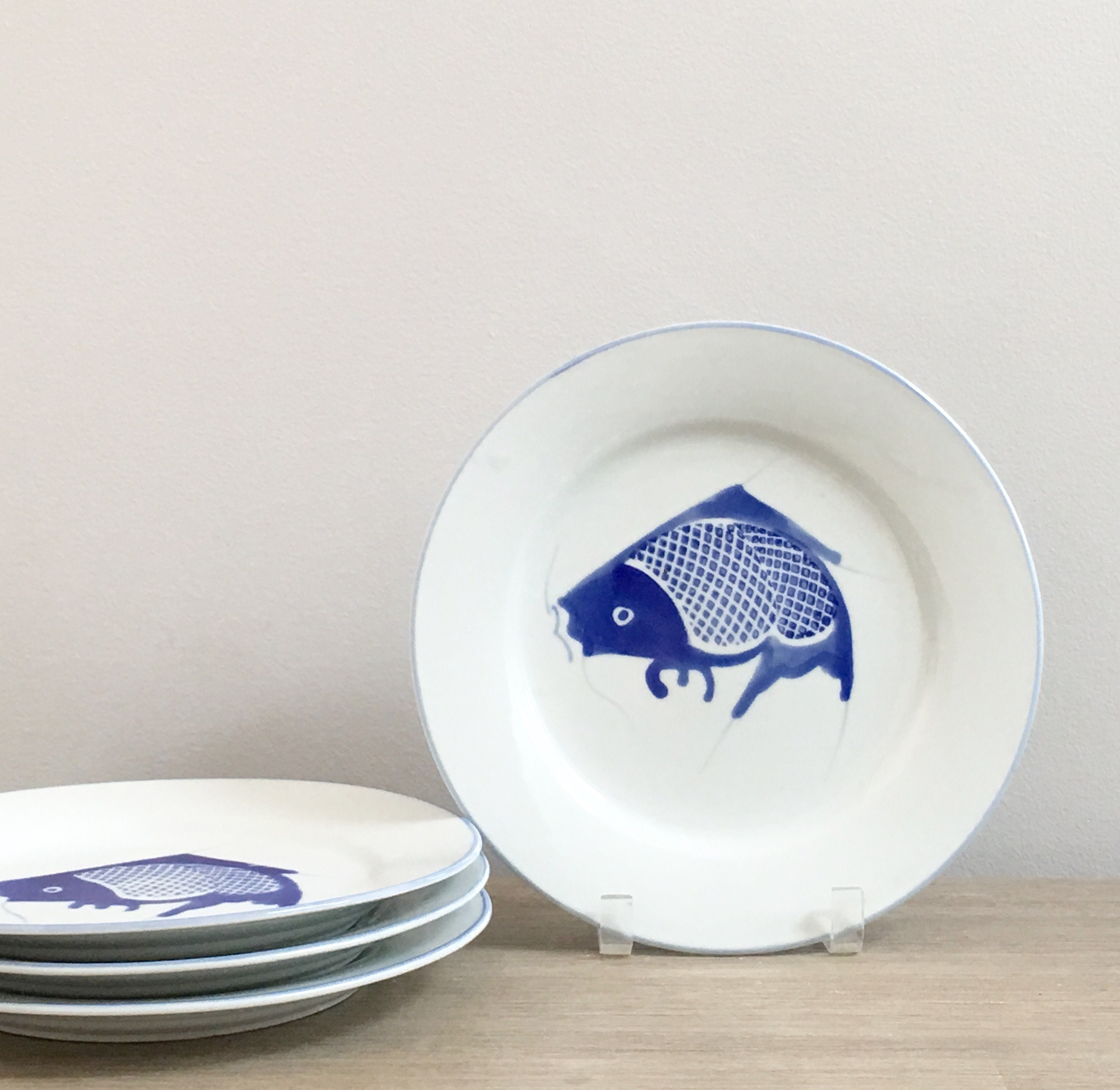 by ST Blue Koi Carp on White 2 VTG Chinese Porcelain Dinner Plates10.25 ins 