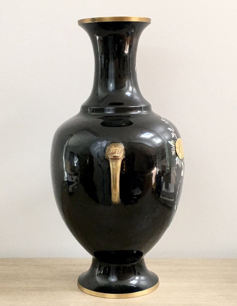 Brass Black Enamel 18 Tall Vase Inlaid Mother of Pearl Etsy