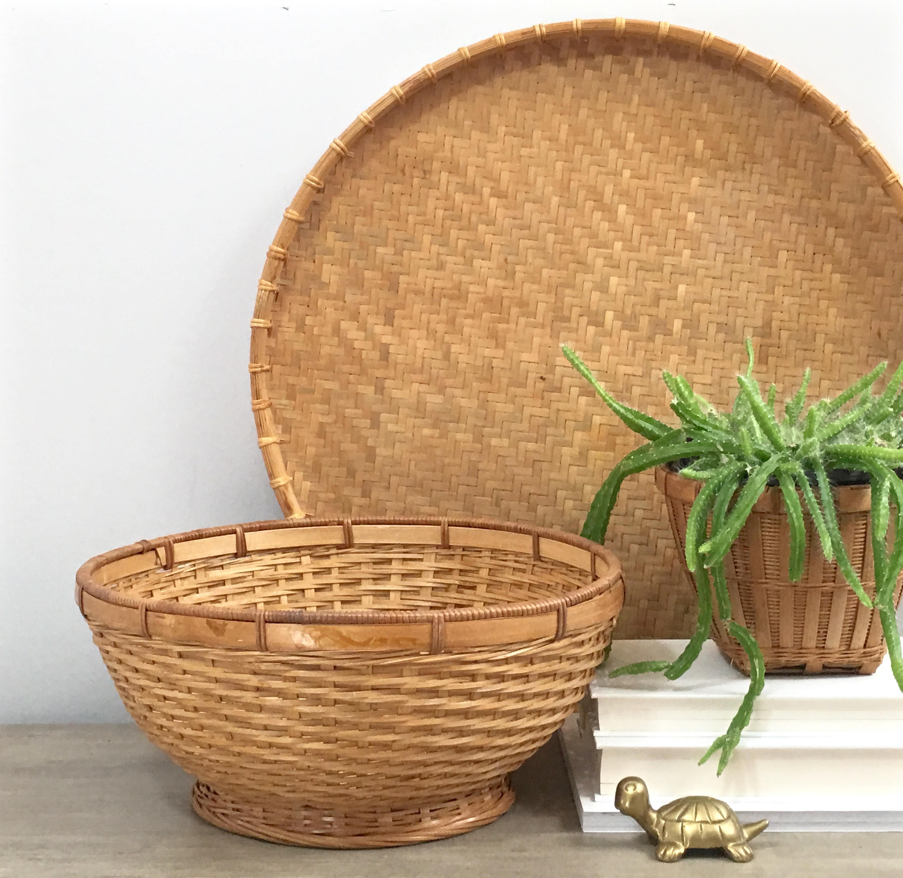 Vintage Woven Rattan Basket Large Round Hand Woven Bamboo