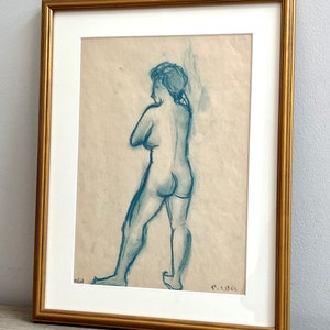 Vintage Portrait Standing Nude 1960s Blue Charcoal Drawing Custom Framed image 3