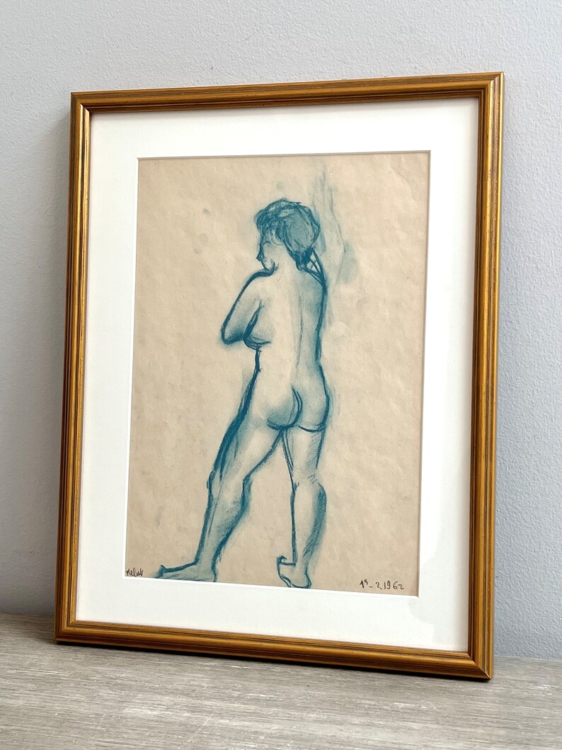 Vintage Portrait Standing Nude 1960s Blue Charcoal Drawing Custom Framed image 3