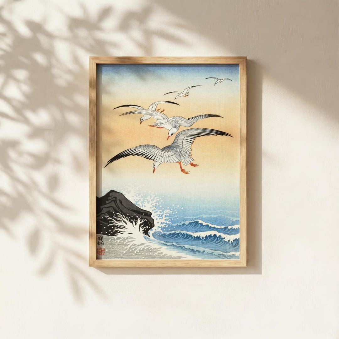 Vintage Japanese Seagull Print - Ocean Waves Wall Art - Marine Bird ...