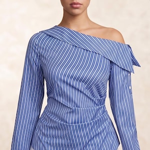 Floral Asymmetric One-Shoulder Blouse – Chic Pleated Button-Down Shirt – Sophisticated Long Sleeve Statement Top – Modern Architectural