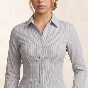 Striped Corset Shirt – Long Sleeve Button-Down Blouse with Lace-Up Back – Aesthetic Office Siren Top – Snatched Waist Tailored Shirt –  Y2K