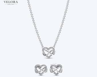 Pandora Infinity Heart Necklace & Earrings Set | S925 ALE | Adjustable | Gift Box, Bag and Accessories
