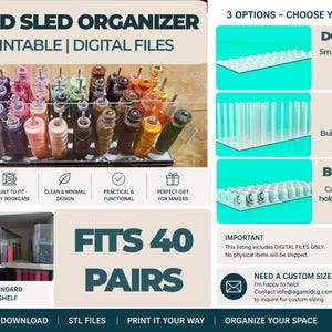 May include: Thread sled organiser for 3D printing, digital files. Holds 40 pairs of bobbins and thread. Features three setup options: dowel slot, printed dowel, and bobbin cap. Fits a standard Billy bookcase shelf. The text says "Fits 40 Pairs".