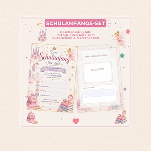 Könnte beinhalten: Ein rosa-weißes Schulanfangs-Set mit dem Text "SCHULANFANGS-SET" und "Zum Schulanfang für dich". Das Set enthält eine Urkunde mit QR-Code, eine Feenillustration, ein Einhorn und einen rosa Rucksack.