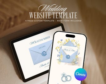 Blue and Yellow Old Money Wedding Website Template, Editable Canva Invitation with RSVP (Digital Download)