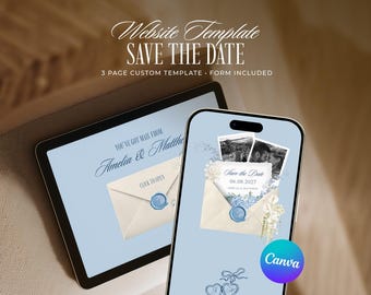 Save the Date Website Template, Editable Light Blue Old Money Wedding Invitation (Digital Download)