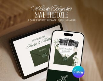 Green and Ivory Save the Date Website Template, Editable Old Money Wedding Invitation (Digital Download)