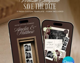 May include: A digital Save the Date website template displayed on two smartphones. The design features a dark brown background, elegant white script text, and photo booth strips of a couple. Text includes Amelia & Matthew, August 21st 2027, and Hawthorne Estate Portland, 1021.