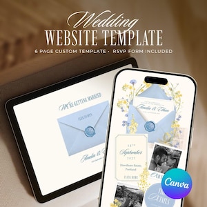 May include: A digital wedding website template displayed on a tablet and smartphone. The screen shows a light blue envelope with a wax seal, floral illustrations, and text including "We're Getting Married," "Amelia & Ethan," and "12th September 2027."