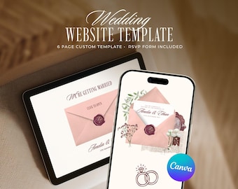 Pink, Burgundy and Green Old Money Wedding Website Template, Editable Canva Invitation with RSVP (Digital Download)