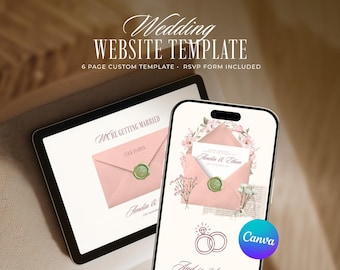 Light Pink and Sage Old Money Wedding Website Template, Editable Dusty Pink Canva Invitation with RSVP (Digital Download)