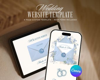 Blue Hydrangea Old Money Wedding Website Template, Editable Canva Invitation with RSVP (Digital Download)