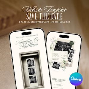 Puede incluir: Dos teléfonos inteligentes que muestran una plantilla de sitio web "Save the Date" personalizada de 3 páginas. Las pantallas incluyen el texto "WE'RE GETTING MARRIED", "Amelia & Matthew", "Save Our Date" y "FORMAL INVITATION", junto a tiras de fotos en blanco y negro.
