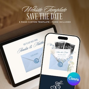 Puede incluir: Una plantilla digital de invitación de boda que se muestra en una tableta y un teléfono inteligente. La tableta muestra un sobre azul claro con el texto "You've got mail from Amelia & Matthew". El teléfono inteligente muestra una tarjeta "Save the Date" con fotos y la fecha 06.08.2027.