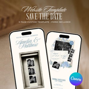 May include: Two smartphones displaying a Save the Date website template. The screens feature the text "Website Template SAVE THE DATE", "WE'RE GETTING MARRIED Amelia & Matthew", and "FORMAL INVITATION To Follow", alongside black and white photo strips.