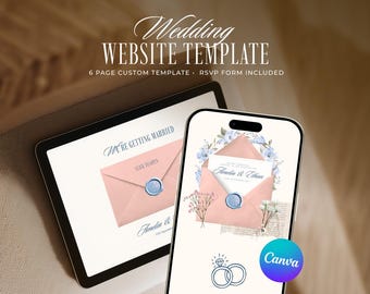 Light Pink and Blue Old Money Wedding Website Template, Editable Dusty Pink Canva Invitation with RSVP (Digital Download)