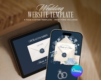 Dark Blue Old Money Wedding Website Template, Editable Canva Invitation with RSVP (Digital Download)