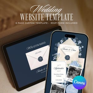 May include: A digital wedding website template displayed on a tablet and smartphone, featuring a navy blue background, cream-colored envelopes with wax seals, floral illustrations, and text including Wedding Website Template, 6 Page Custom Template, RSVP Form Included.