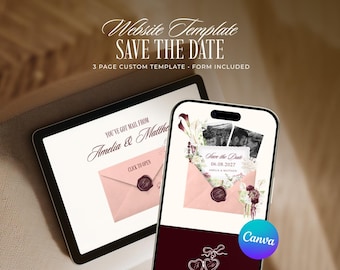 Pink, Burgundy and Green Save the Date Website Template, Editable Old Money Wedding Invitation