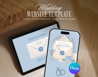 Blue Old Money Wedding Website Template, Editable Canva Invitation with RSVP (Digital Download)